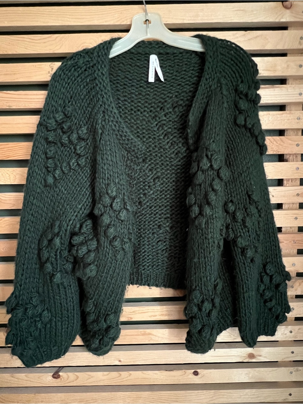 Chunky Hand-Knit Dark Green Women's Heart Pom Pom Cardigan